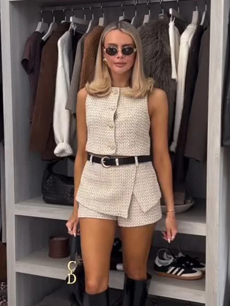 

HH женские элегантные комплекты однобортный жилет с круглым вырезом топы + летние тонкие брюки-кюлоты с поясом офисные женские текстурные шорты костюмы