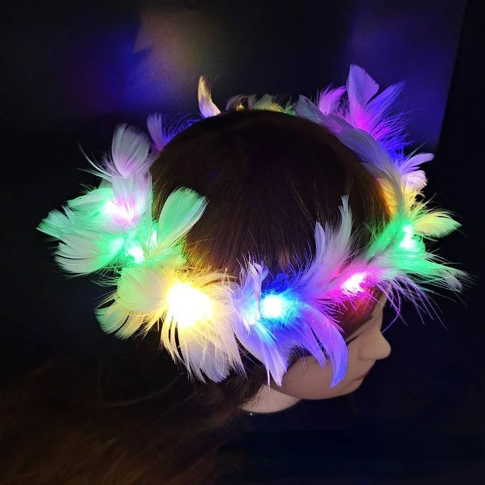 30pcs LED Headband Light Up Feather Angel Crown Wreath Headbands Luminous Hair Accessories Halloween Christmas Festival