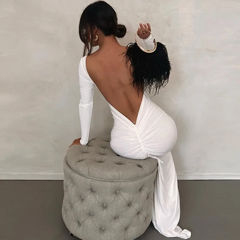 Women Elegant Solid Color Backless Ruched Long Sleeve Round Neck High Waist Pencil Knit Dress for Wedding Guest Prom Party