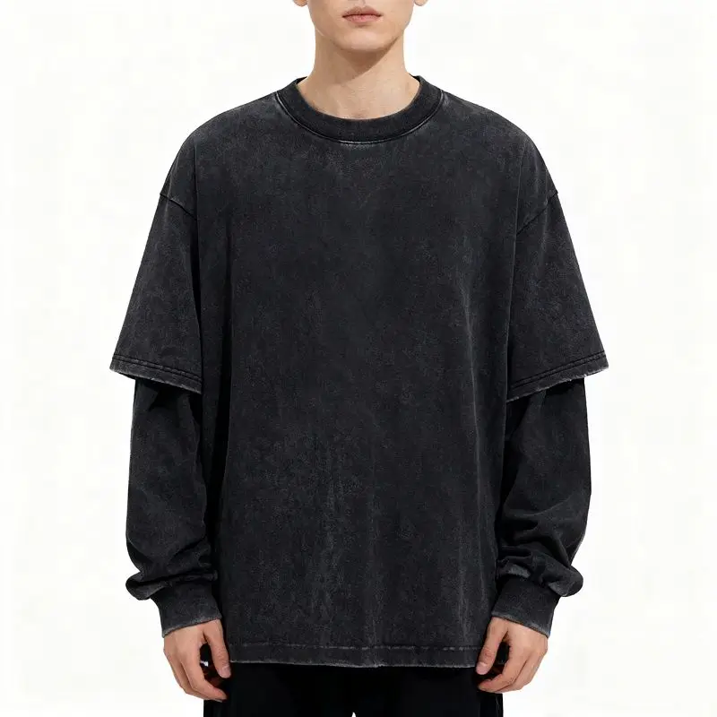 

Dark Washed Vintage Long Sleeved T-shirt Personalized Sense for Both Men and Women Fake Two-piece Spliced Top Couple's Shirt