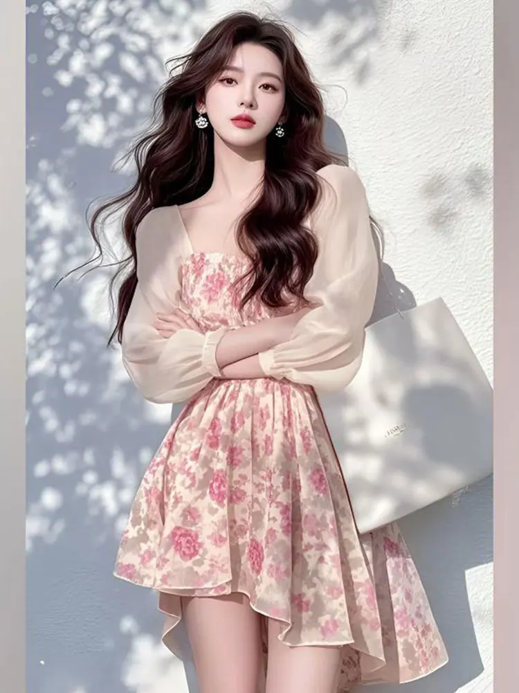 Spódnica damska w kwiatowy wzór z wysokim stanem, słodka, w stylu Dr Ele, mała francuska, modna, w kształcie litery A, wyprodukowana w Chinach, wiosna 2025.