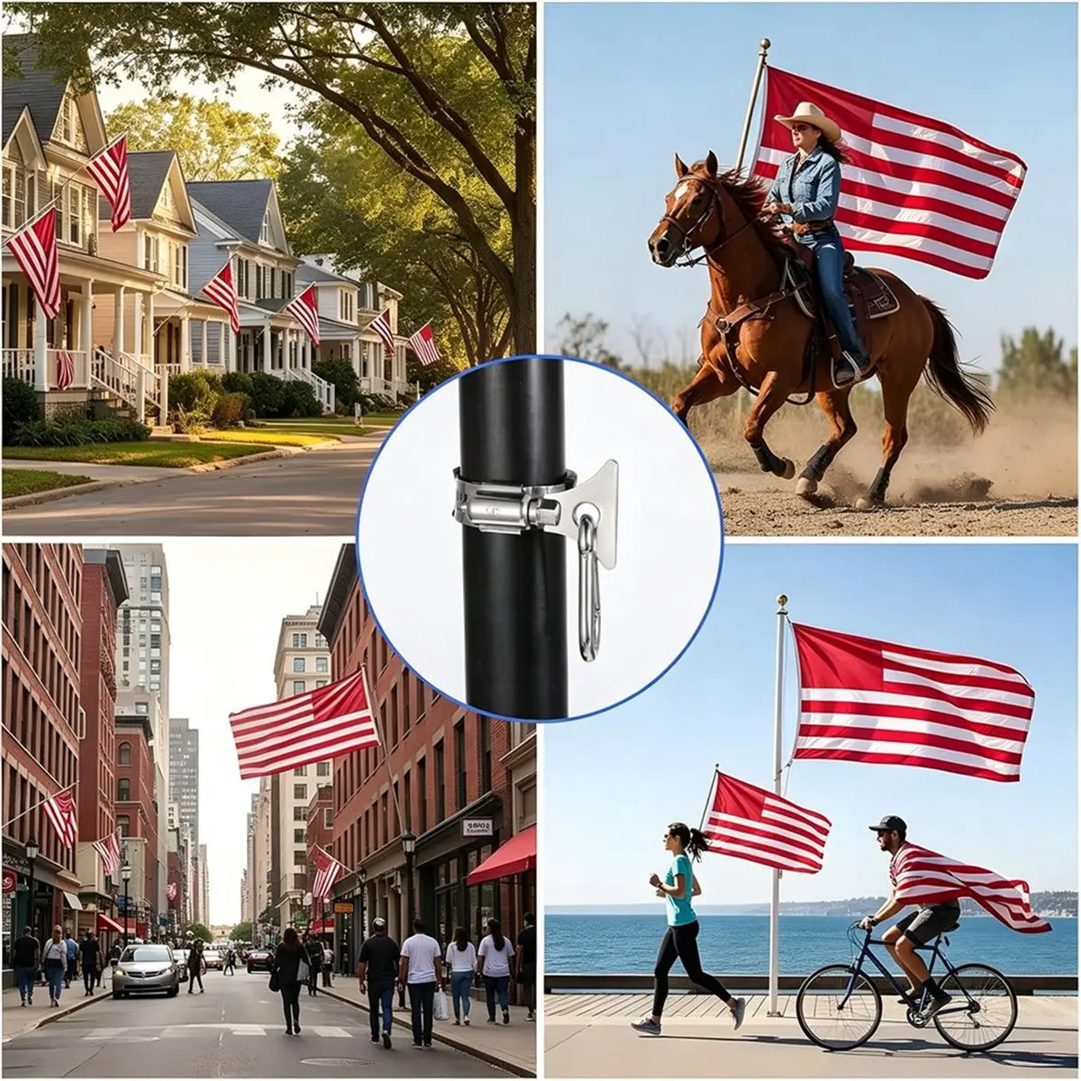4 Pack Flagpole Clamp and Clip Kit to Hold Flag with Carabiner and Silicone Anti-Slip Strip,Metal Hose Clamp Rings
