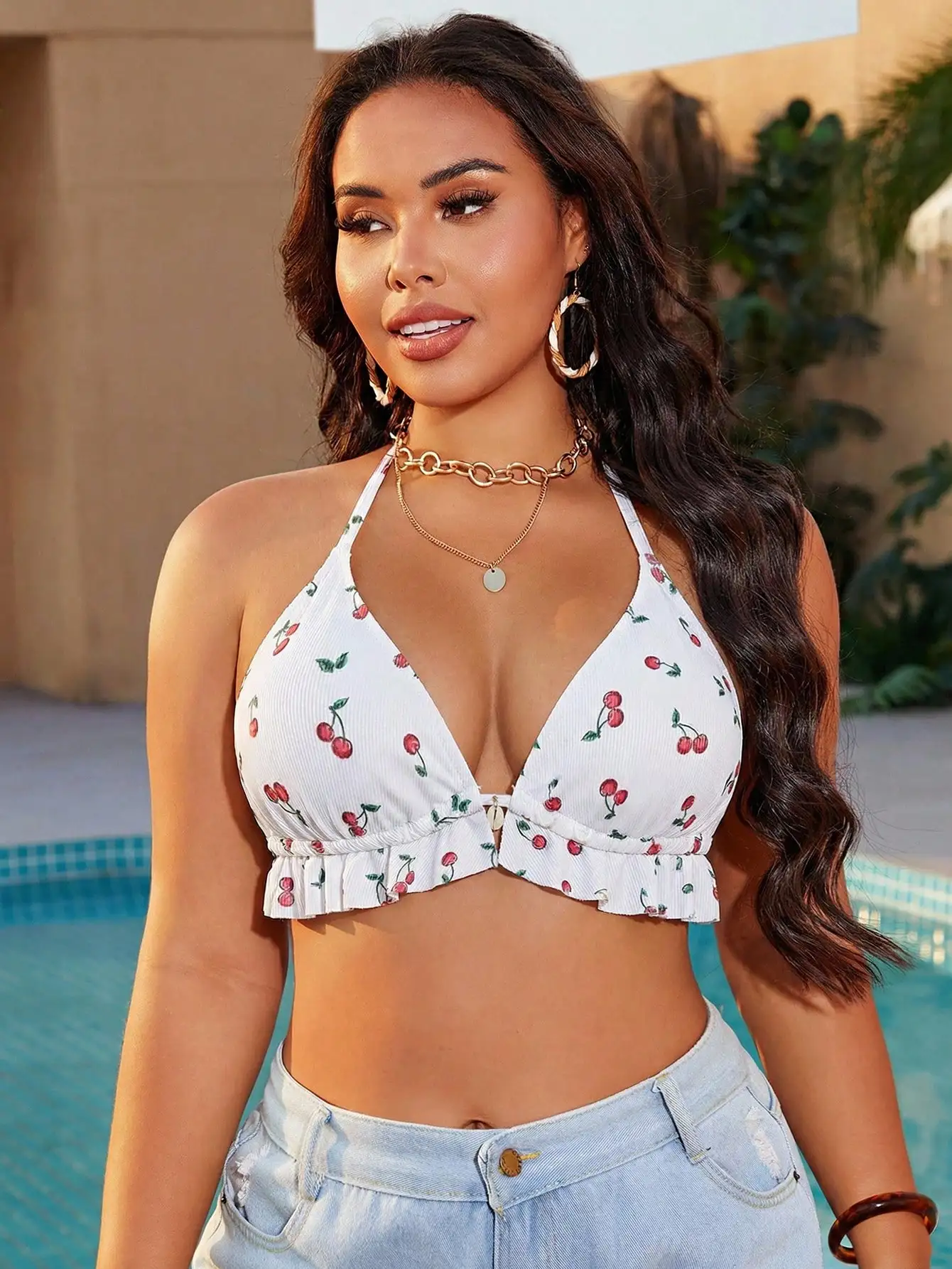 

Cherry Print Halter Neck Ruffled Bikini Top For Women Summer Beach Vacation