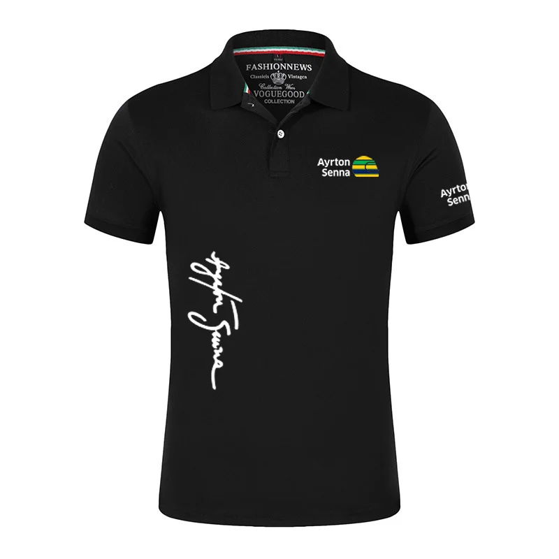 2023 New Ayrton Senna Brand Men Summer Casual Short Sleeve Fashion Print Tops Clothing Business Black Polo Shirts