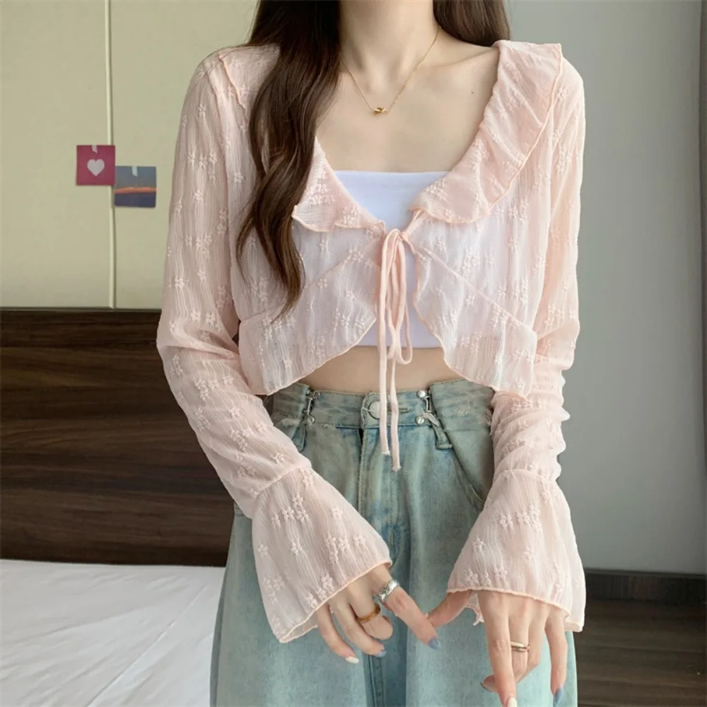 Cárdigan fino con protección solar y flores florales, Top con borde con volantes, cuello en V, tejido de manga larga, protector solar, cubierta de protección solar