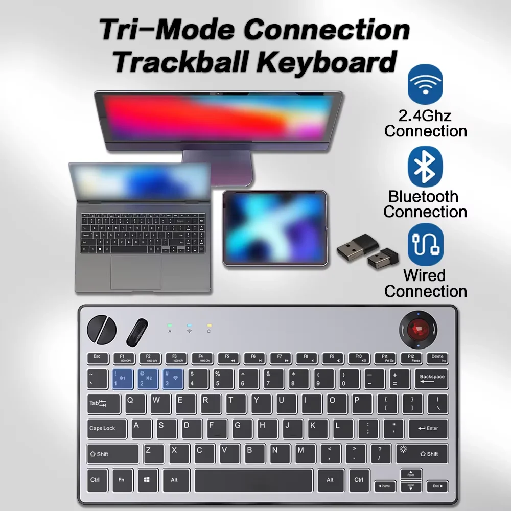 JOMAA Backlit Wireless Trackball Keyboard Bluetooth 2.4G Tri-Mode with Air Mouse for Windows Mac iOS - Ergonomic Keyboard