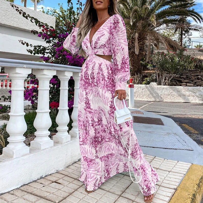 Spring Sexy Hollow V Neck Buttons Bohemian Dress Women Elegant Printed High Waist Long Dress Autumn Flare Long Sleeve Maxi Dress