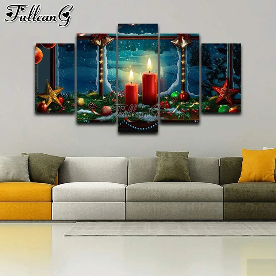 

FULLCANG candlelight 5 piece diy diamond painting large size full mosaic embroidery winter landscape multi-picture FG0948