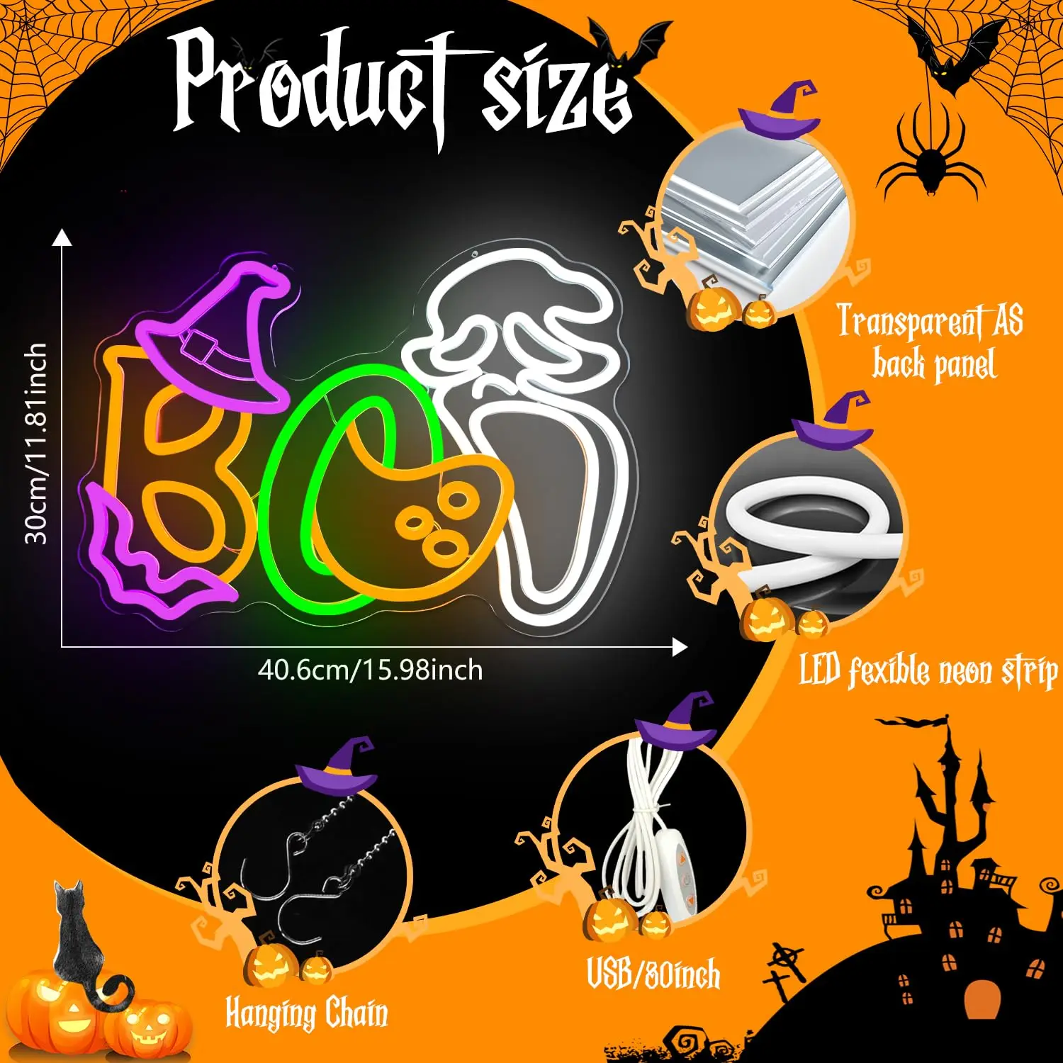 Halloween Boo Ghost Face Neon Sign voor Wall Decor Bat Witch Hat Ghost Neon Light voor Window Halloween Party Man Cave Game Room