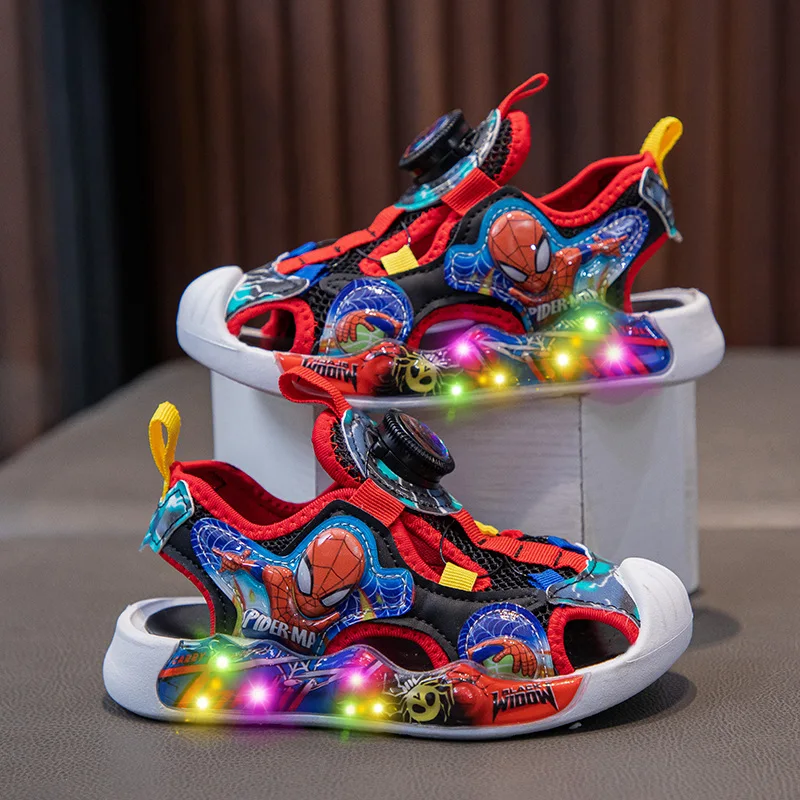 Disney Boys Girls LED Light Sandal Cartoon Spider Man Children Closed Toe Orthopedic Kids Slippers Girls Sport Soft Beach Shoes