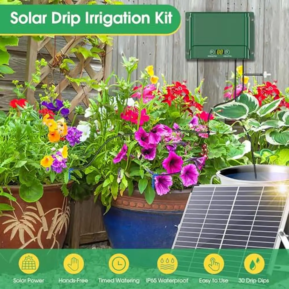 Solar Powered Drip Irrigation System with 15W Panel 30 Modes Timer 30 Plant Capacity Water Level Sensor Easy Installation