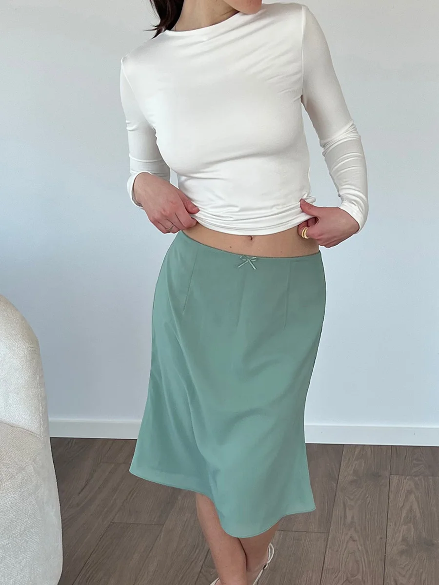 

French Style Chiffon Midi Skirt Women Cute Bow High Waist Skirts Chic Vintage Summer Holiday Elegant Streetwear Y2K Bottom