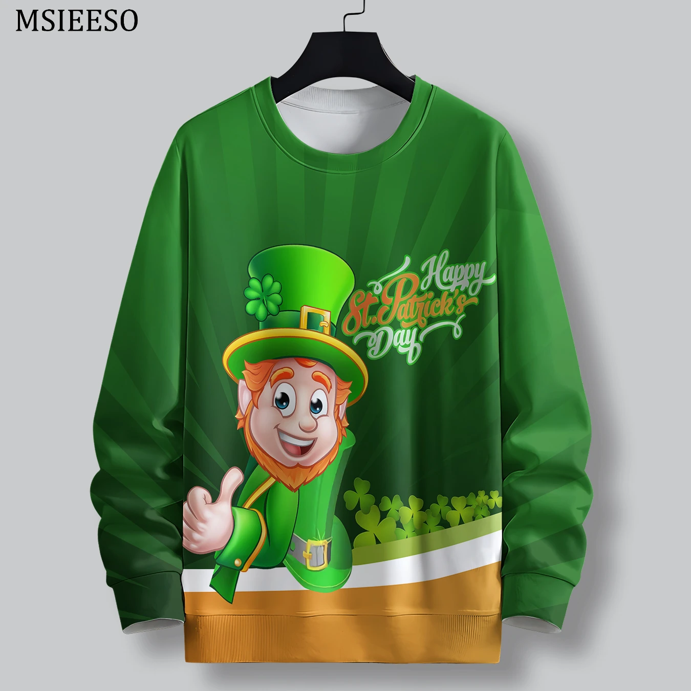 

MSIEESO Men Sweatshirt St. Patrick's Day Clover Pattern Printed Round Neck Sportshirt Men Women Long Sleeve Casual Pullover Tops