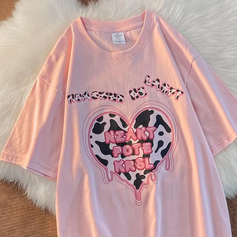 

2-150Kg Large Size Short-sleeved T-shirt Women's Summer Fat Mm Love Letter Print Casual Round Neck Loose Belly Cover Top Comfort