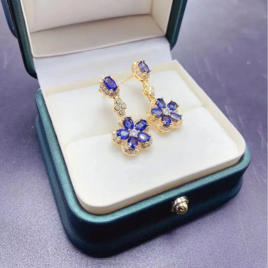 Natural Sapphire Earrings 925 Sterling Silver 18K Gold Plated, Floral Long Drop Dangle Earrings