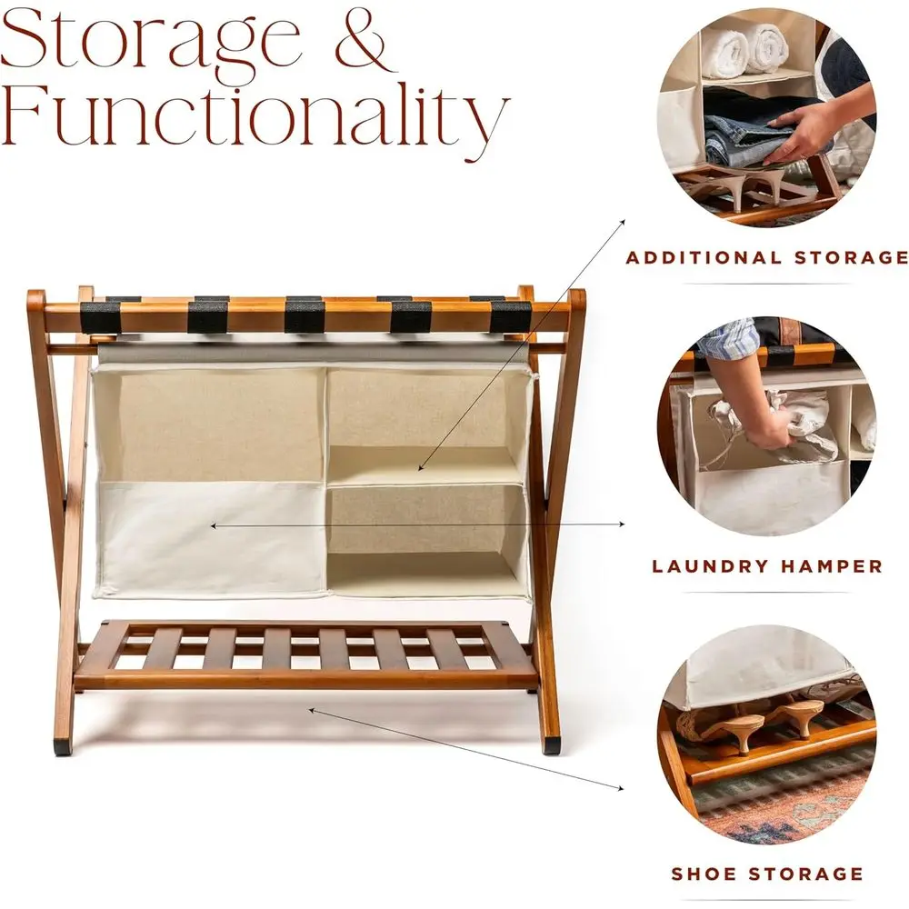 رف أمتعة قوي من الخيزران مع حقيبة غسيل قابلة للفصل ورف تخزين - حامل مدمج قابل للطي لحقائب السفر في غرف الضيوف، #5