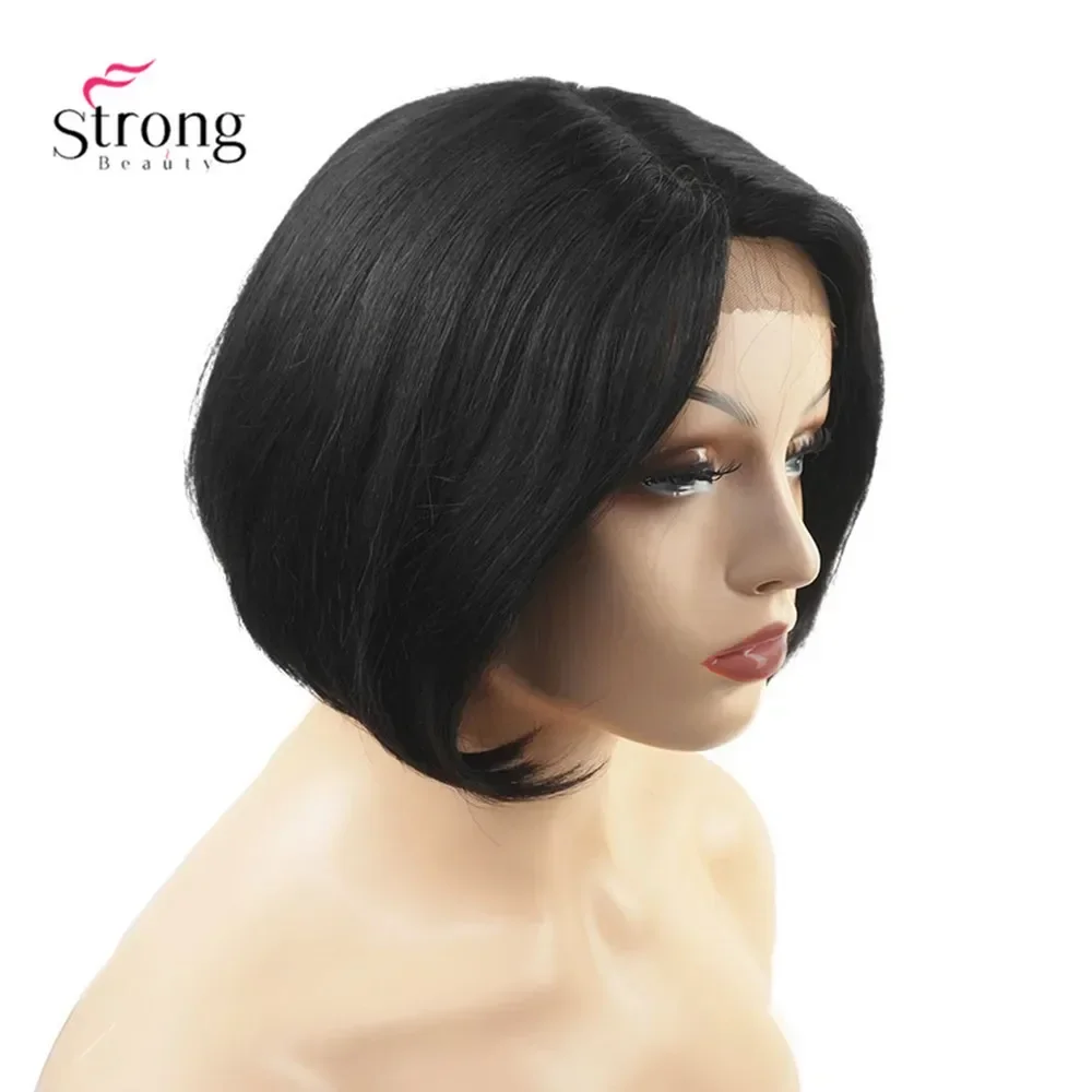 Human Hair Natural black Blend Short Lace Front Wig Bob Side Part  Wig For Black Women