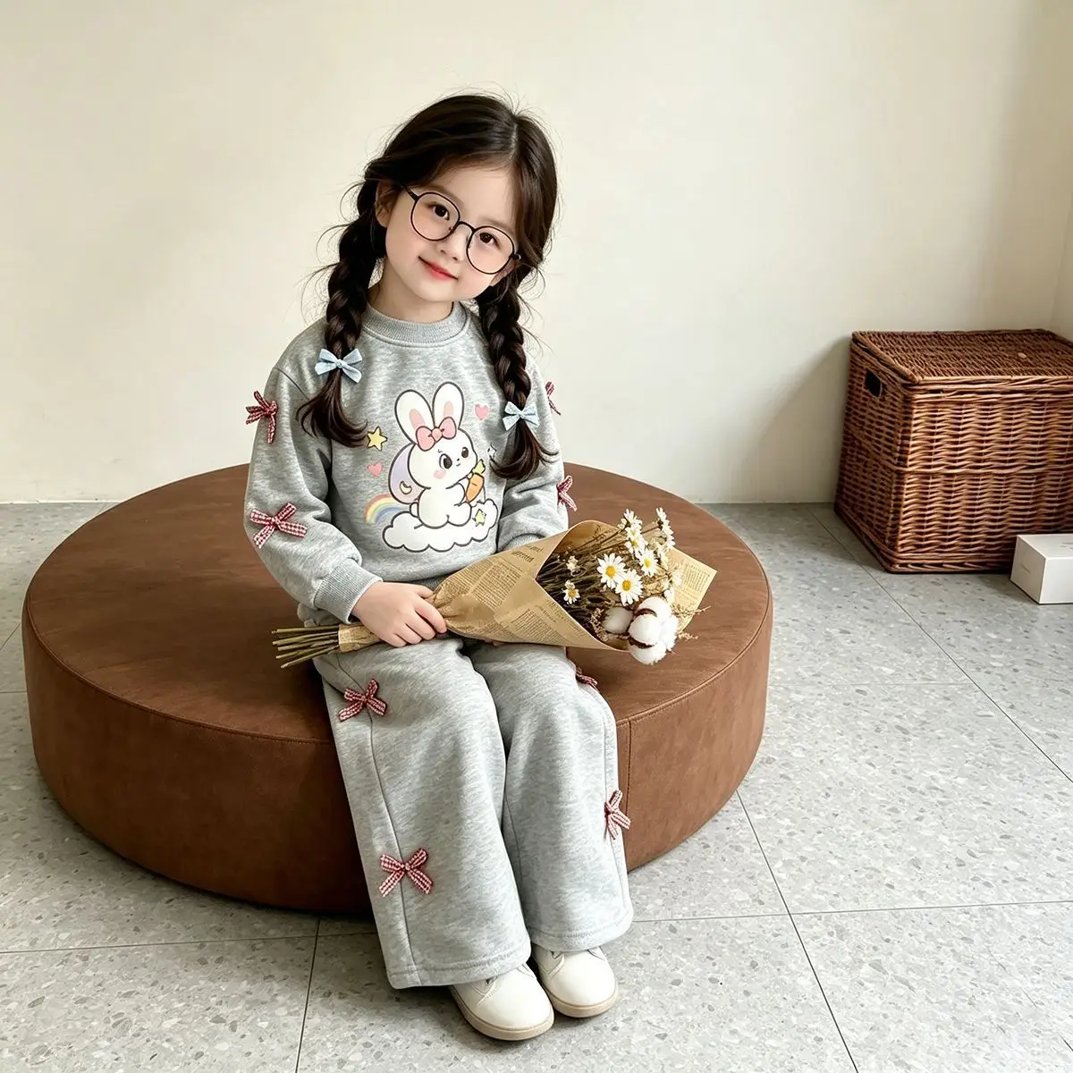 Mädchen Cartoon-Häschen-Sweatshirt & Weitbein-Hosen-Set – 2-teiliges Outfit im koreanischen Stil für ältere Kinder, Frühling Herbst Casual – Detail 11