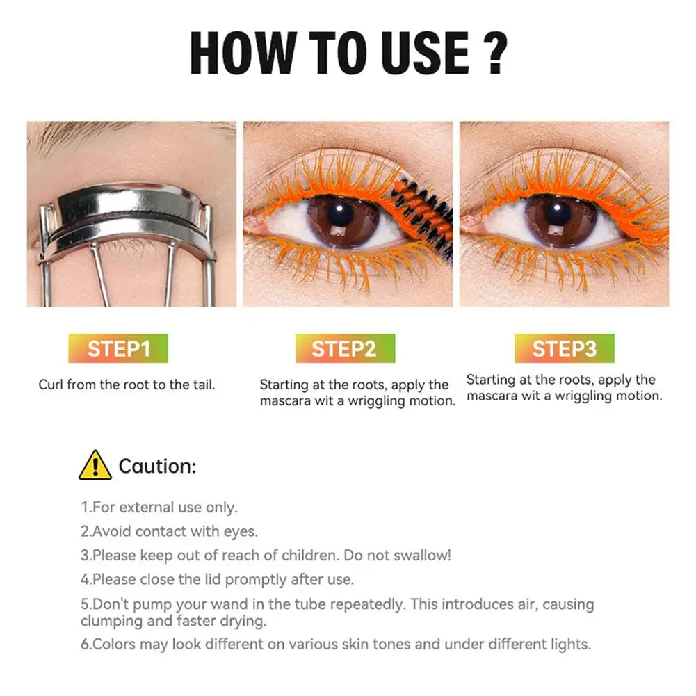 6가지 색상 네온 아이 마스카라 밝은 색상 형광 24시간 오래 지속되는 방수 얼룩 방지 마스카라 카니발 파티 메이크업용