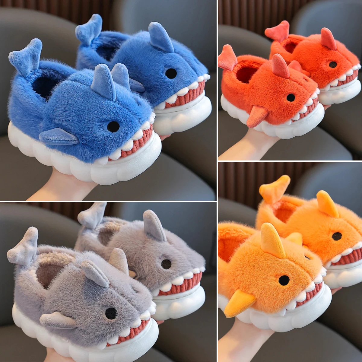 Children Cotton Slippers Boys Autumn Winter Non-slip Cute Cartoon Kids Shark Pattern Home Indoor and Outdoor Thickened Warm