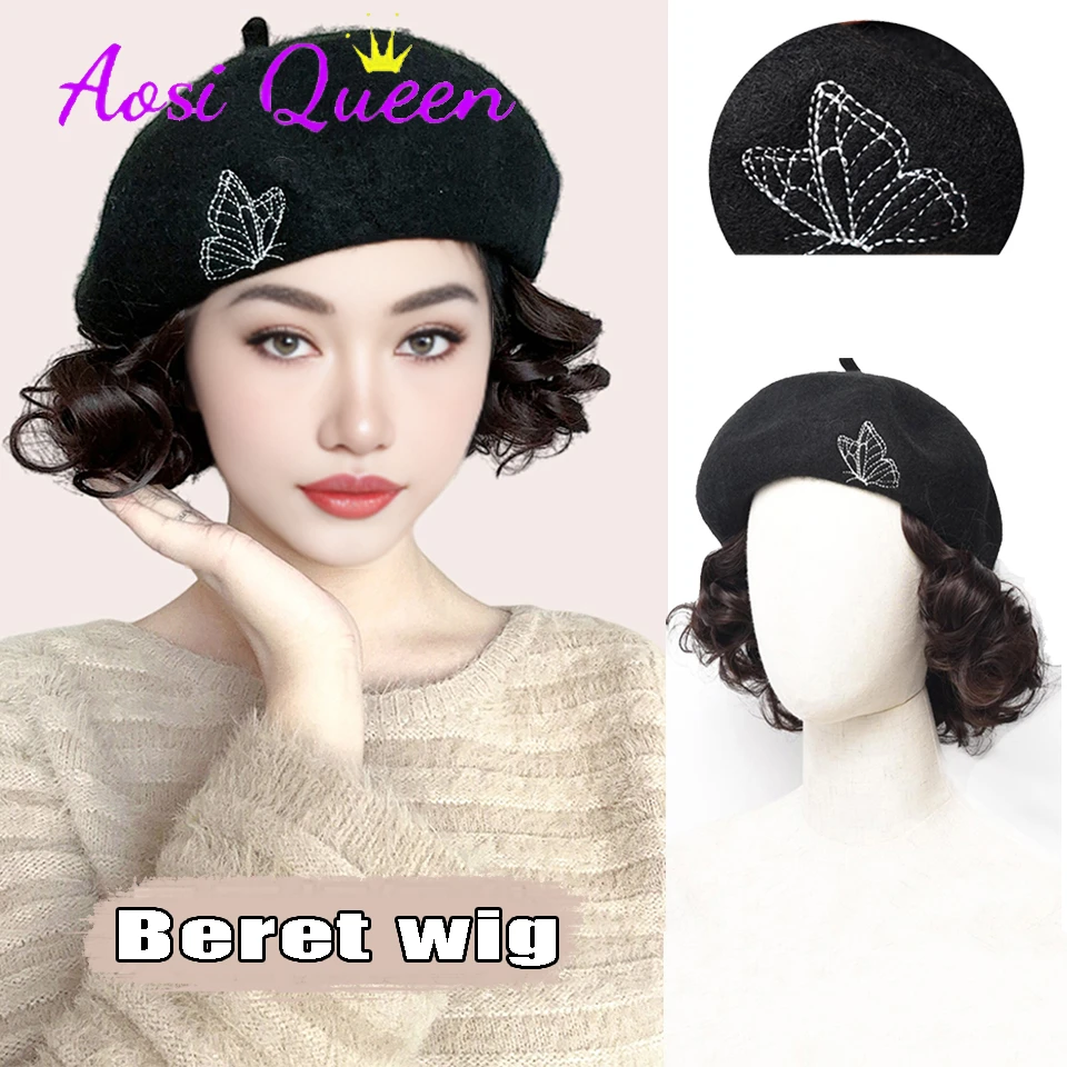 

AOSI Black Octagonal Beret Short Curly Wig Hat For Women 2023 New Autumn And Winter Fashion Wig Hat