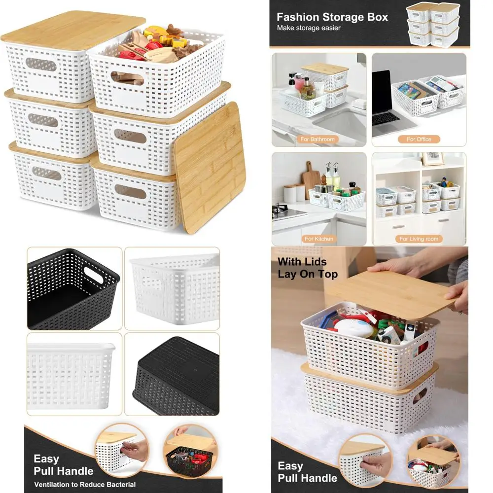 

Экологичные пластиковые контейнеры для хранения с бамбуковой крышкой, набор из 6 предметов для эффективной организации полки