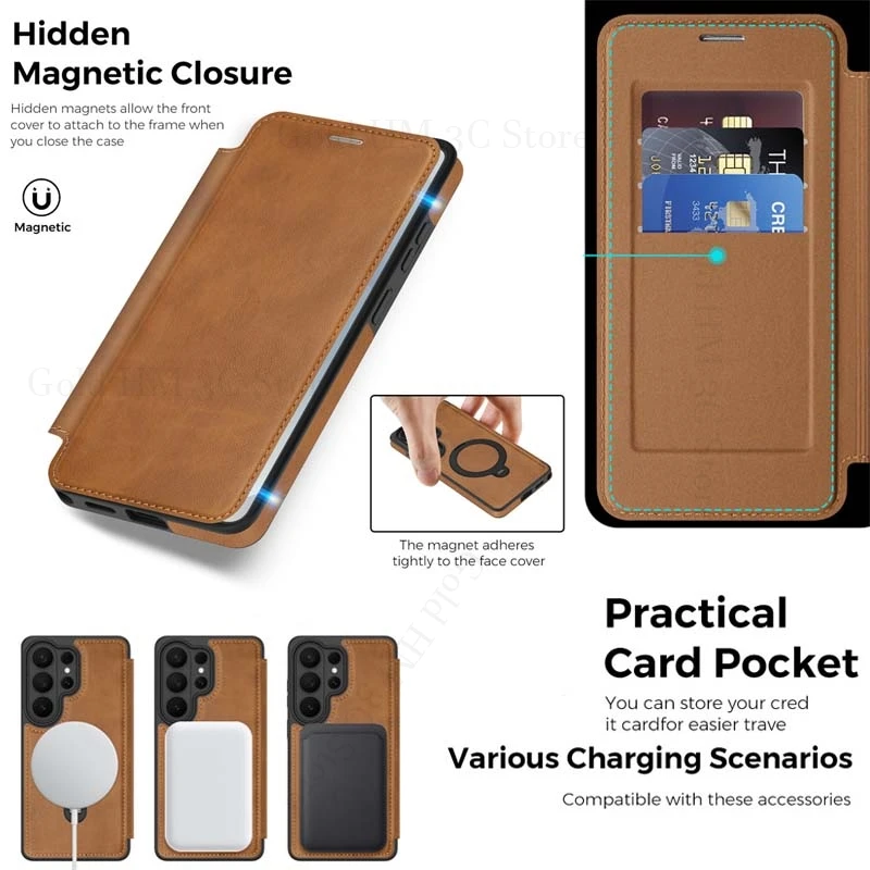 

Leather Flip Card Slot Wallet Case For Samsung S25FE S26 Ultra Magnetic Ring Stand For Magsafe Cover For Galaxy S25 Edge S24 S23