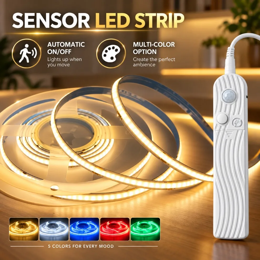 5V COB LED Strip 8MM 320LEDs/M Motion Sensor Battery Powered Induction Night Light Warm White Red Ice Blue Green Yellow