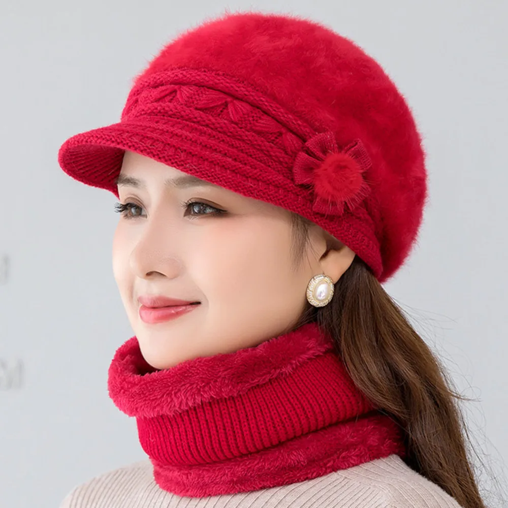 2024 Women Winter Hat Keep Warm Cap Add Fur Lined Hat And Scarf Set Warm Hats For Camping Casual Rabbit Fur Winter Knitted Hat