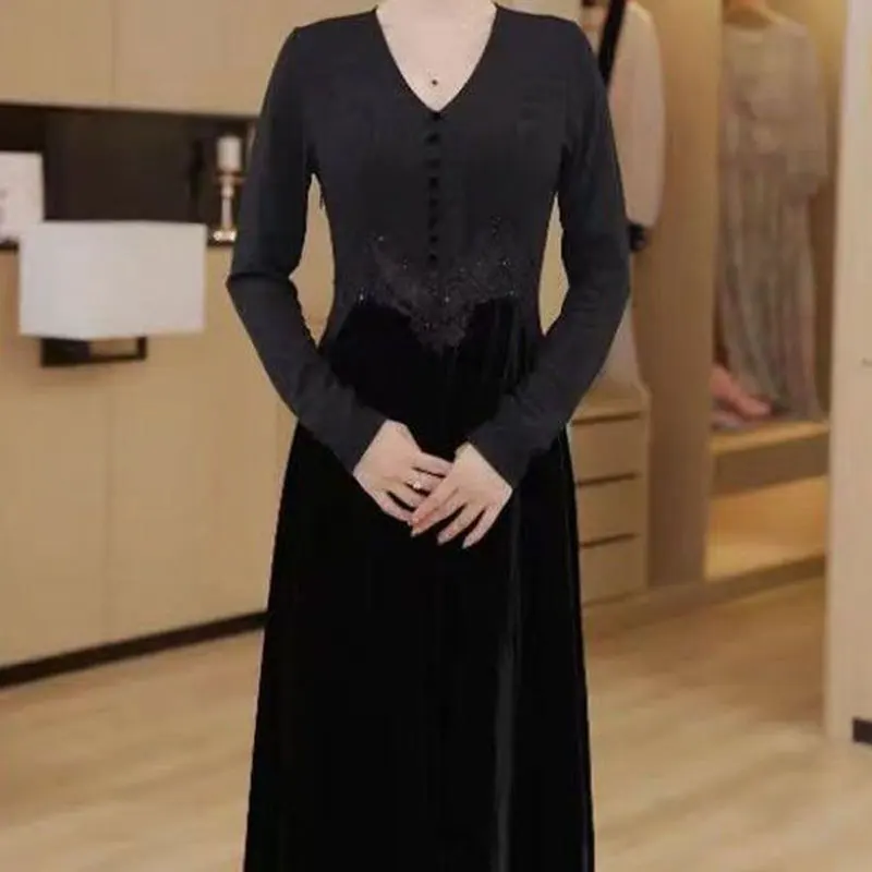 Vintage Solid Color A-Line Dresses Female Clothing Elegant V-Neck Spring Autumn Lace Stylish Knitted Spliced Velvet Long Dress