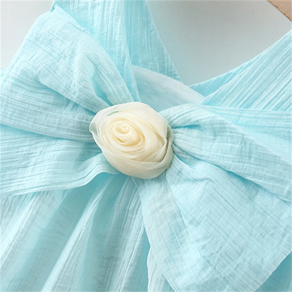 Girl Dress Summer Baby Girl Solid Color Three Dimensional Bow Color Flower Belt Beach Princess Dress