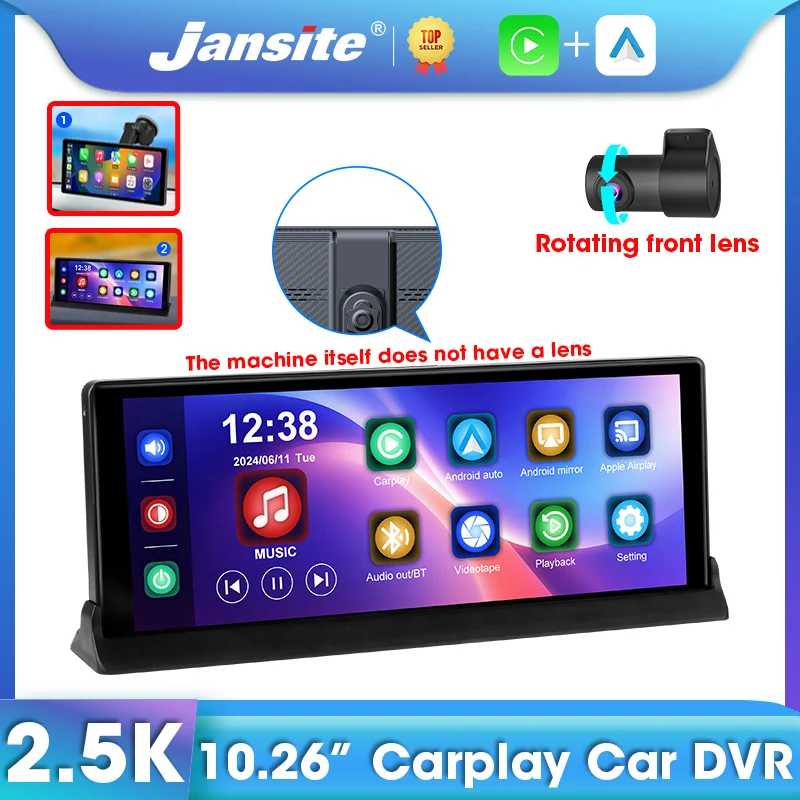 Jansite 10,26 Wireless CarPlay für Auto DVR Stere 2,5K Dashcam Rotation Frontkamera Recoder Android
