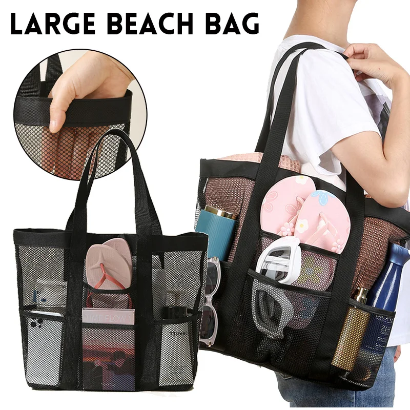 8 Pockets Summer Large Beach Bag For Towels Mesh Durable Beach Bag For Toys Waterproof Underwear Pocket Beach Tote Bag