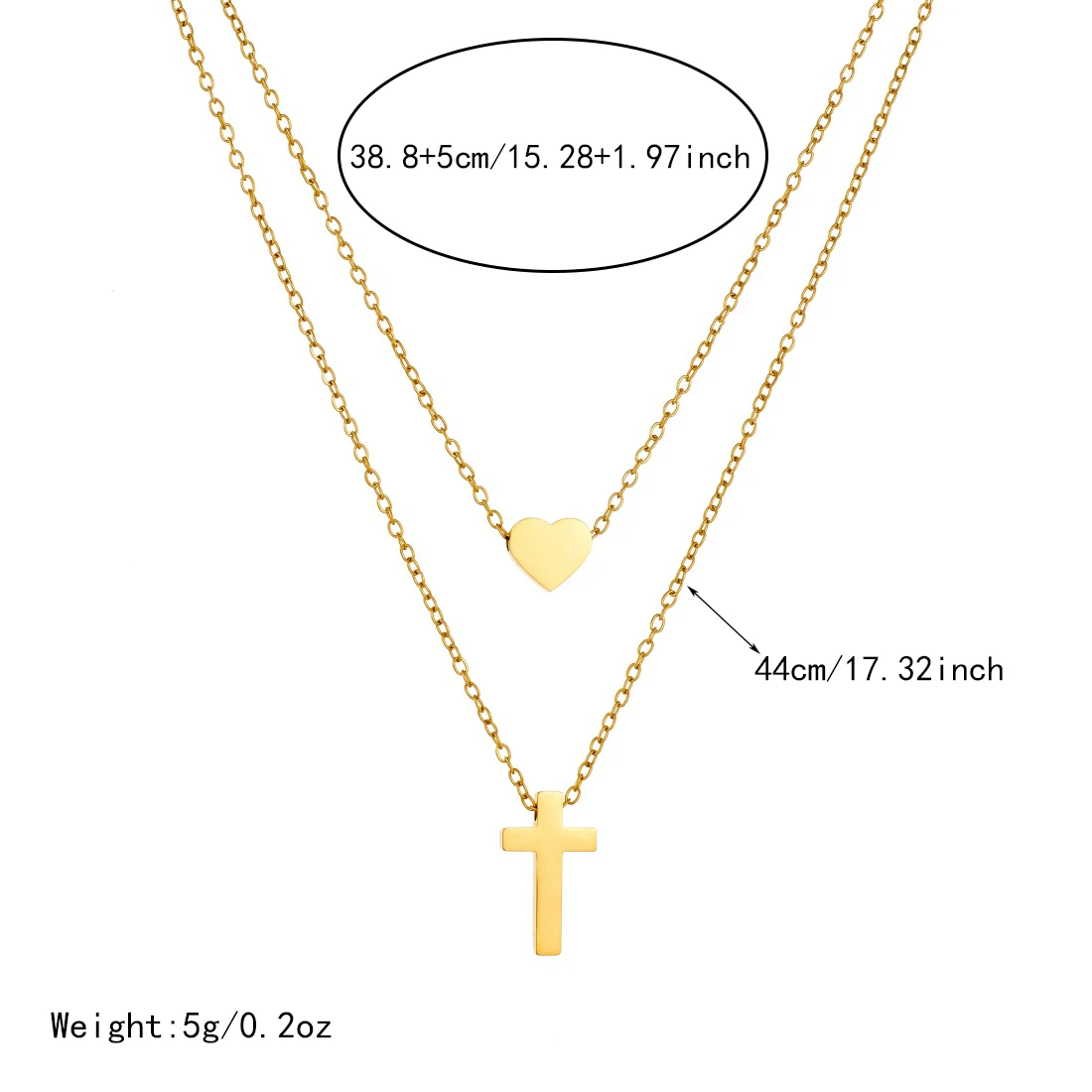 DIEYURO 316L Stainless Steel Golden Glossy Surface Heart Cross Pendant Double-layer Necklace Women Waterproof Fashion Jewelry