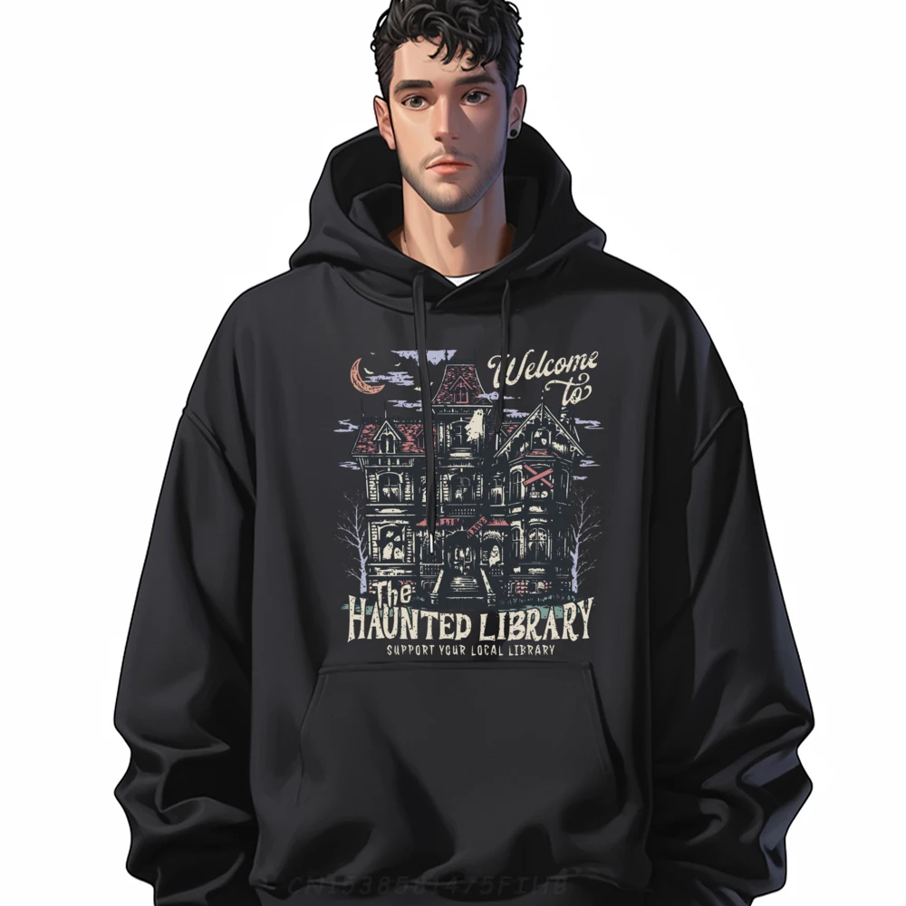 

Retro Funny Welcome To The Haunted Library Bookish Halloween Mens Graphic Hoodies Designer Clothes Men