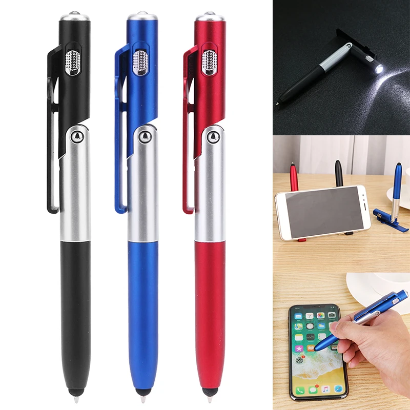 Multi-function 4-in-1 Foldable Ballpoint Pen Capacitive Stylus Flashlight + Support for Tablet Cellphone Mobile Phone Holder New