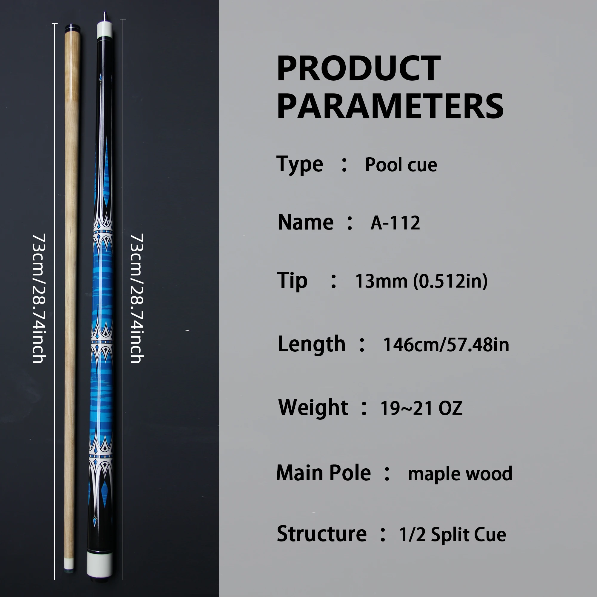 hit productBlue  Pattern   Maple Wood Pool Cue - 13 mm Tip Uni-loc Joint Unique  1/2 Split  High Quality American Billiards Pool