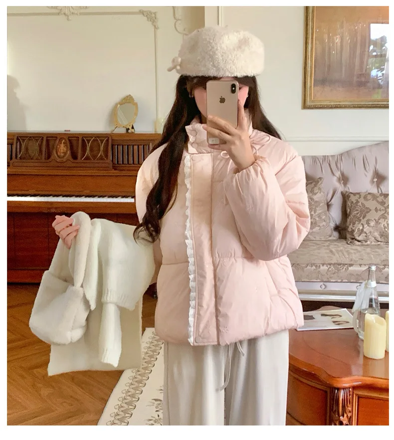 Sweet Pink Bow Stand Collar Puffer Jacket Women Korean Lace Spliced Thick Outerwear Students Winter Warm Cropped Cotton Jackets