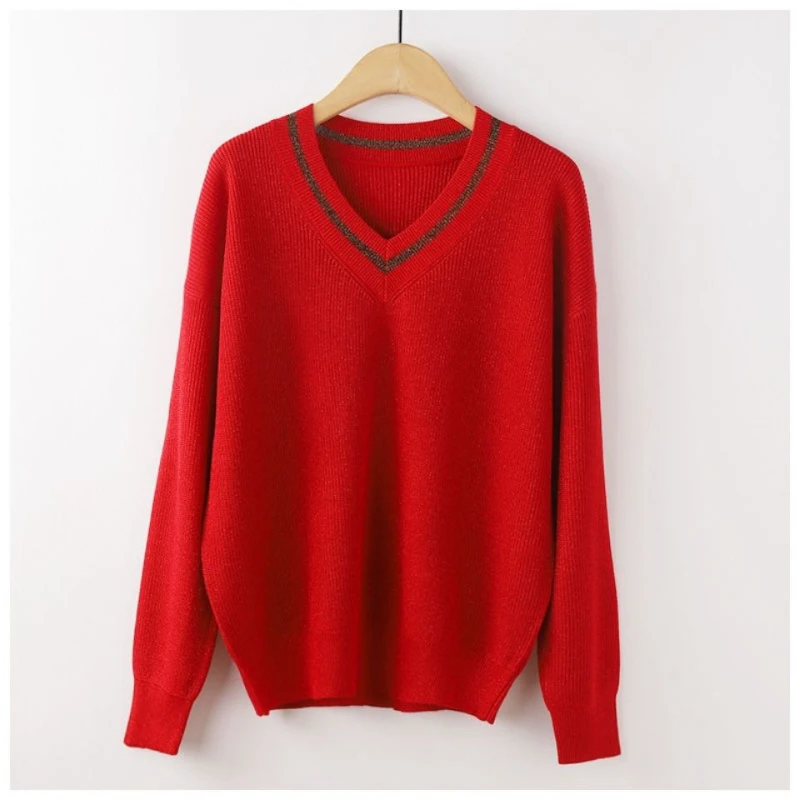 

2024 Women V-Neck Pullover Warm Knitted Jumper Clothes Casual Long Sleeves Loose Sweater Autumn Winter Cashmere Bottoming Top