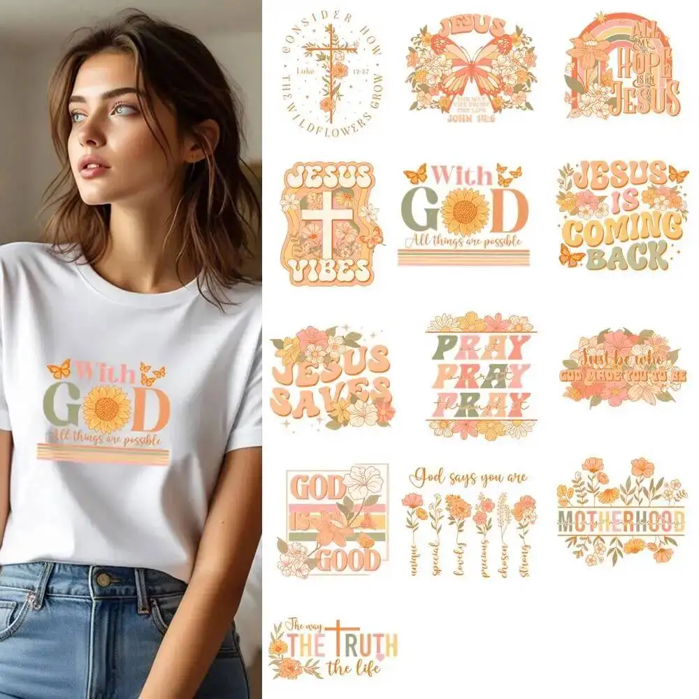 Fine Christ Jesus Letter Flower Transfer Patches For Clothes Applqiues DIY A-Level Washable T-shirts Iron-on Thermal Stickers