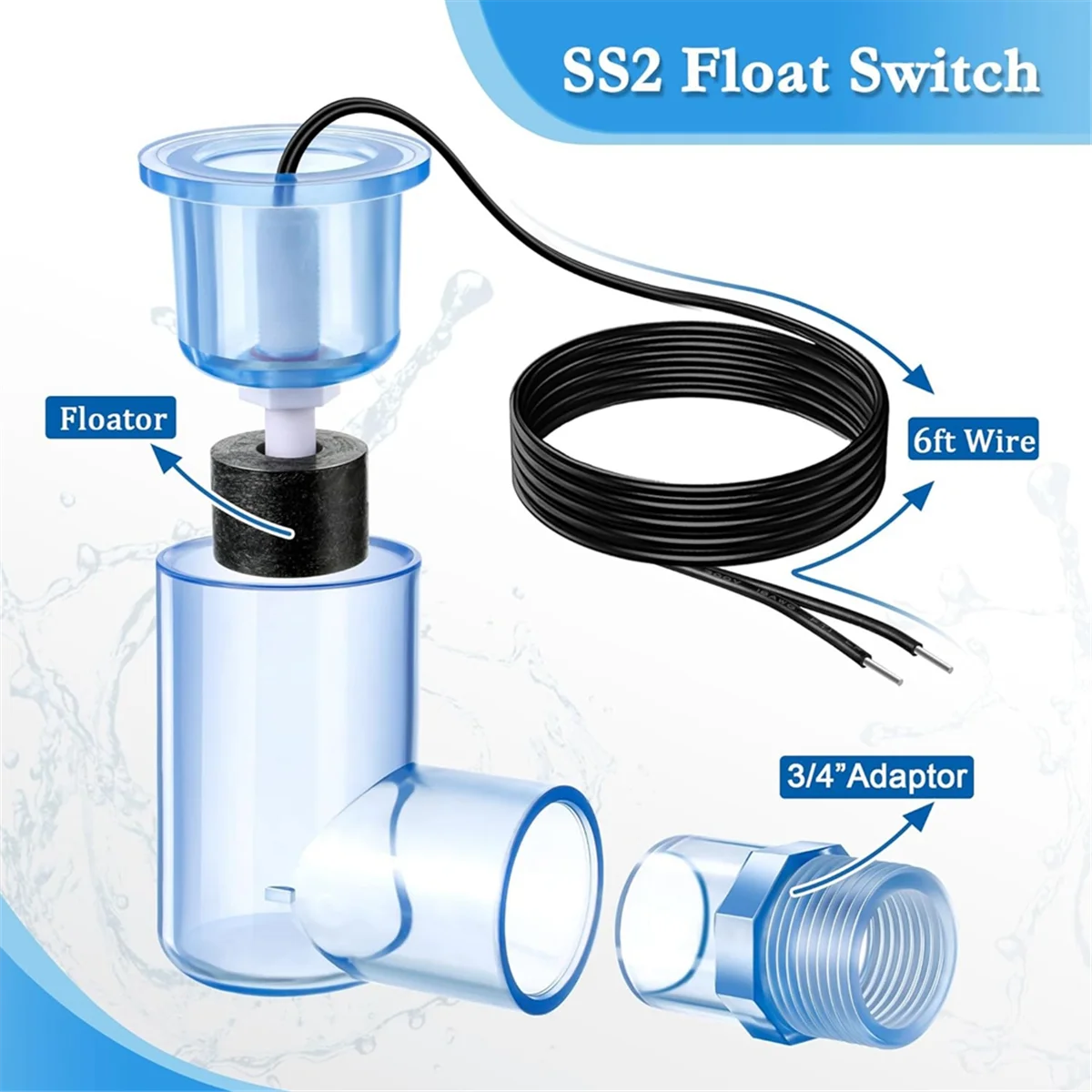 SS2 Float Switch L Shape, 1 Pack 3/4 Inch Adaptor and 6Ft Wire Float Switch for HVAC Drain Pan Condensate