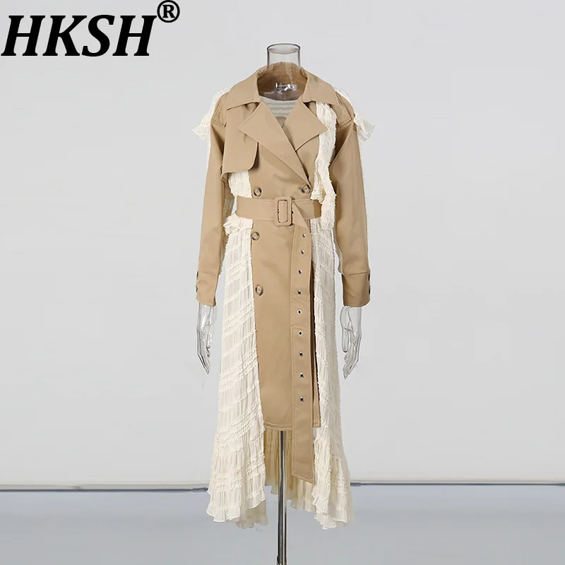 

HKSH Spring Autumn New Women Long Trench Coat Lace Patchwork Color Block Belt Double Breasted Elegant Tide Casual Jacket HK13644