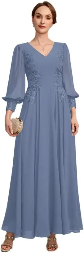 فساتين أم العروس بأكمام طويلة لحفلات الزفاف من الشيفون والدانتيل فستان سهرة رسمي