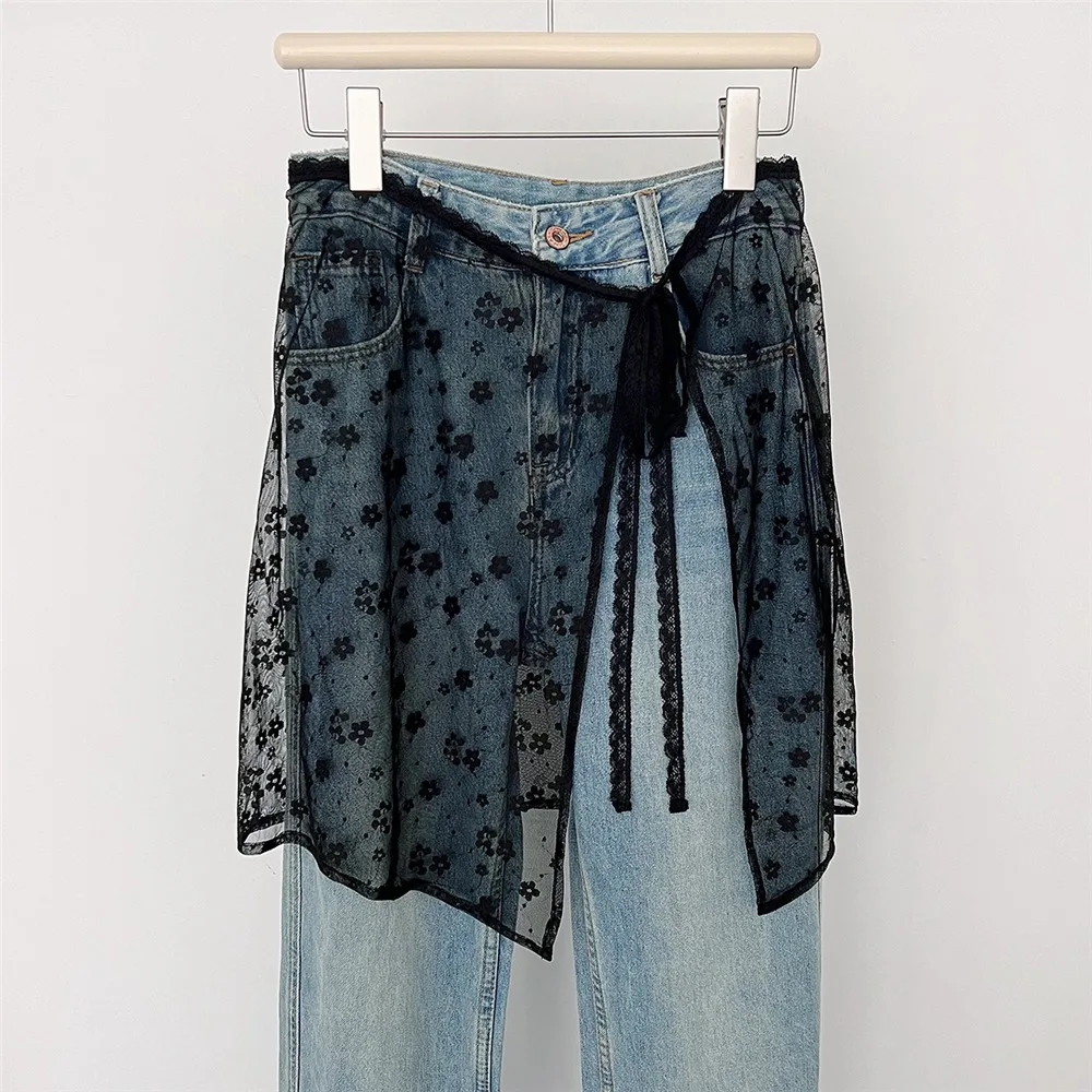 Jupe superposée en dentelle au design floral confortable, style streetwear coréen Y2K, jupe portefeuille esthétique légère à nouer à la taille pour femmes