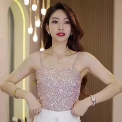 with Diamond Sequins Sexy Long Beautiful Strap Chest Pad Camisole Inner Wear Outer Wear Top Women Gather Breathable Sexy Style