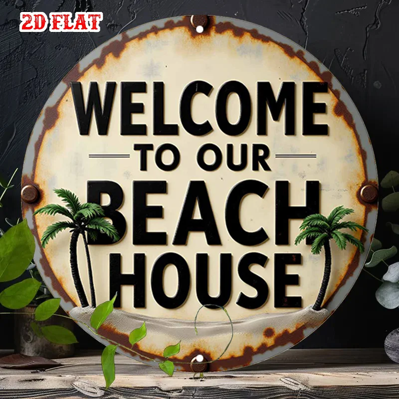 2D Flat, 1pc Vintage Coastal Beach House Metal Wall Decor - Welcome to Our Beach House Sign with Palm Tree Cutouts, Rustic Dis
