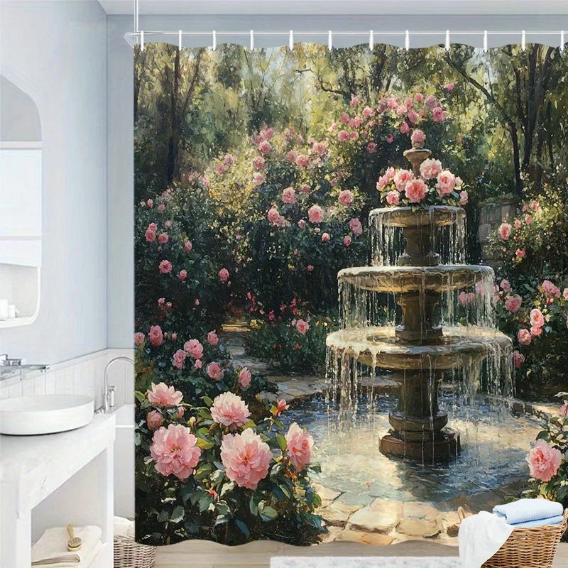 1pc Realistic Garden Fountain Shower Curtain - Three-Tiered Stone Fountain with Blooming Pink Roses, Lush Greenery & Stone Pathw