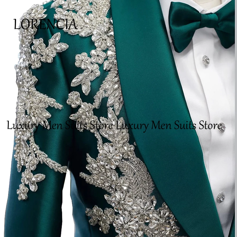 Elegant Satin Men Suit 2 Pieces Sparkly Crystal Tuxedos Wedding Party Outfits Customized Blazer Pants ternos masculino completo