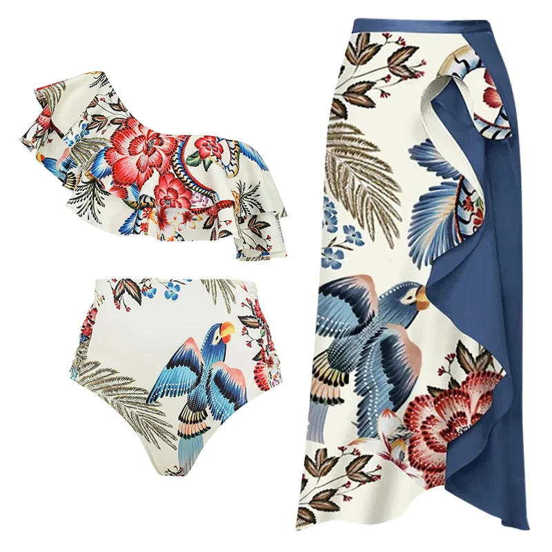 One-piece ชุดว่ายน้ําสตรีชุดว่ายน้ํา Deep V ruffled COLLAR Toucan พิมพ์ชุดบิกินี่ชายหาดสไตล์สวมชุด Maxi กระโปรง