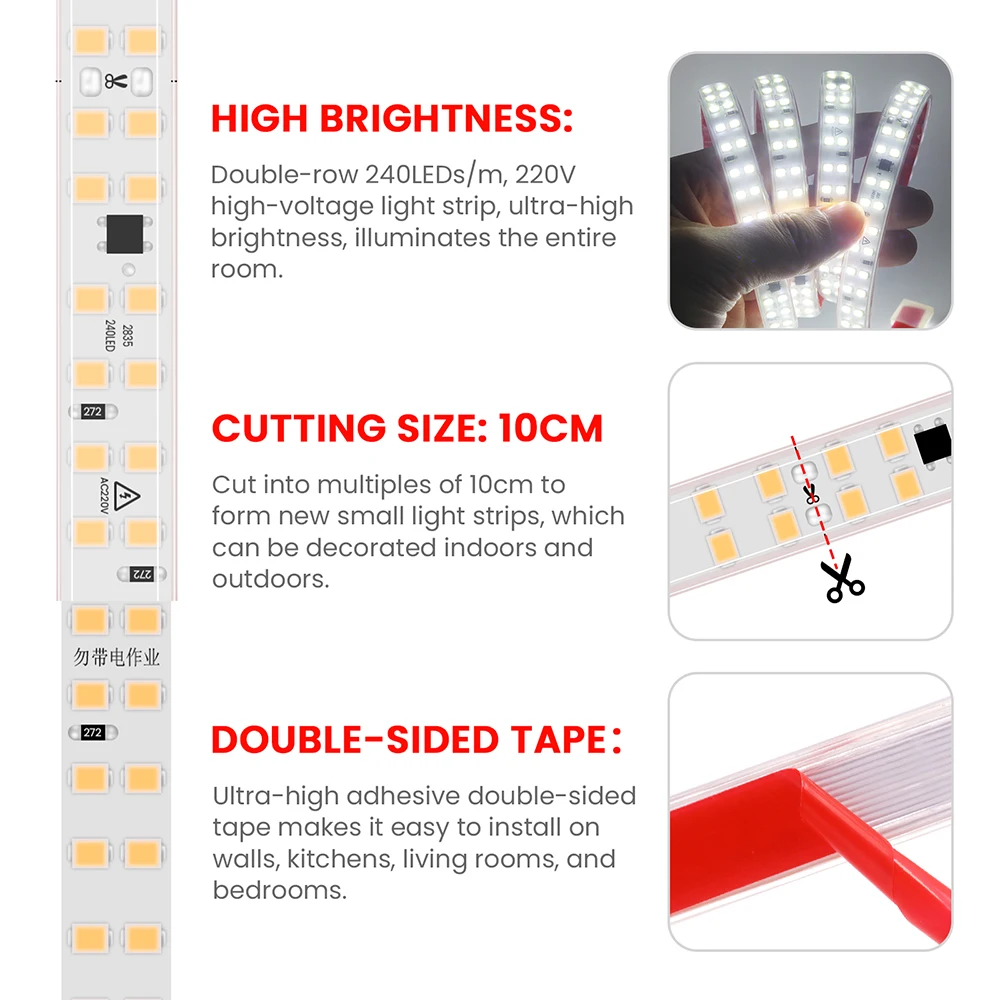 AC 2835 LED Strip Light 220V With 2Pin Wire 240LEDs/m High Brightness Flexible Tape Waterproof 3000K 4000K 6000K Home Decoration